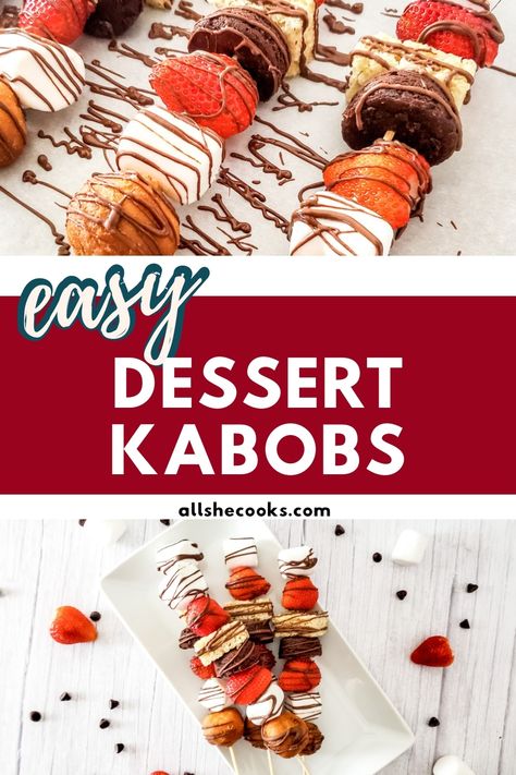 Dessert kabobs is a dessert on a stick that’s so quick and easy to throw together. These dessert skewers are perfect for your summer cookouts, parties, or family gatherings. Desert Kabobs Sticks, Brownie Skewers Dessert Kabobs, Desert On A Stick, Smores Kabobs, Desert Skewers Ideas, Skewer Desserts, Fruit Kebabs Ideas Skewers, Charcuterie Kabobs, Sweet Skewers