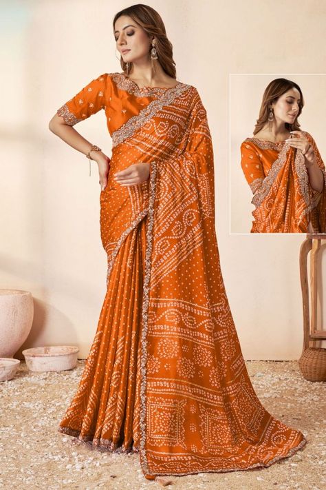 Rust Orange Bandhani Print Gaji Silk Designer Saree Gaji Silk Saree, Bollywood Sarees Online, Lehenga Style Saree, Party Wear Sarees Online, Bollywood Bridal, Lehenga Choli Wedding, Bollywood Dress, Orange Saree, Bollywood Lehenga