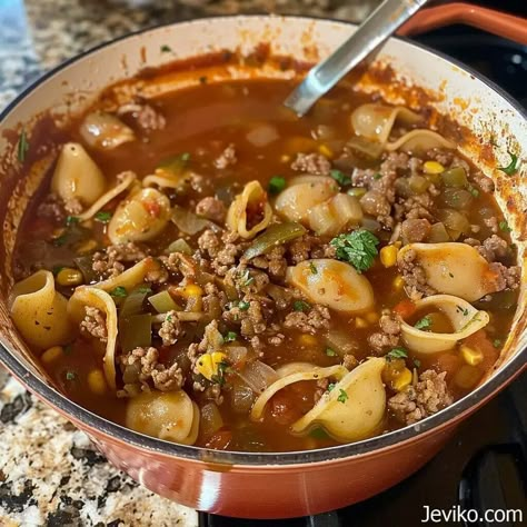 Ground Beef Conchita Soup: An Easy Weeknight Meal Mexican Shell Soup, Conchitas With Ground Beef, Mexican Recipies, Mexican Soup Recipes, Soup With Ground Beef, Mexican Soup, Pasta Shells, Beef And Potatoes, Soup Dinner