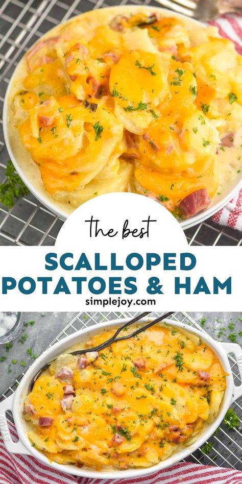 Scalloped Potatoes and Ham is the creamiest, most comforting way to use left over ham. You will want to make extra just so you can make this delicious casserole. Cheesy Ham And Scalloped Potatoes, Scollop Potatoes And Ham Recipes, Ham And Cheese Scalloped Potatoes, Scappoled Potatoes Recipes, Best Scalloped Potatoes And Ham, Ham And Scalloped Potato Casserole, Easy Scalloped Potatoes And Ham, Ham Scalloped Potatoes, Scallop Potato