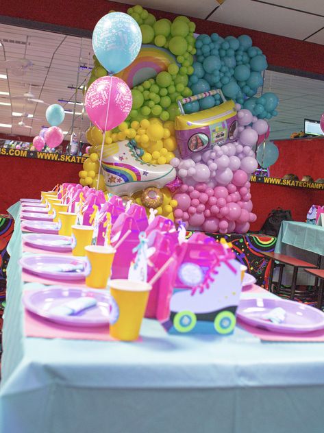 Roller Skating Party Centerpiece, Roller Rink Party Ideas, Barbie Skate Party Ideas, Barbie Roller Skate Birthday Party, Skating Party Themes, Unicorn Skate Party, Skate Rink Birthday Party, Roller Skates Party, Groovy Skating Party