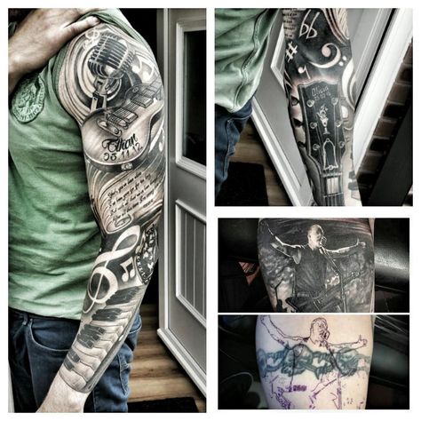 Full music sleeve done by me finally complete #jayhutton #tattoofixers Music Sleeve, Tattoo Fixers, Piano Tattoo, Many Tattoos, Music Tattoo Sleeves, Boys With Tattoos, Music Tattoo Designs, Guitar Tattoo, Tattoos For Women Half Sleeve