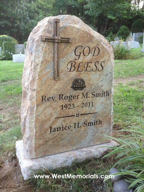 WestMemorials.com designs and creates beautiful custom cemetery headstones. This rock pitched monument is made from Kashmir gold granite. Designed by memorialist Missy West, the gravestone included a bronze cross and a bronze U.S. Navy Veteran emblem supplied by the V.A.. Each of our monuments is created with direction of the family. West Memorials letters, ships and installs all memorials. Please contact us at 800.508.6022 or visit our website at www.westmemorials.com for more information. Tombstone Pictures, Headstone Designs, Granite Monuments, Grave Headstones, Granite Headstones, Cemetery Monuments, Cemetery Headstones, Custom Memorial, Grave Memorials