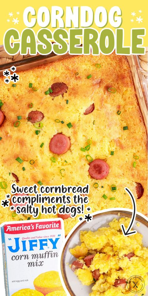 Corn Dog Casserole Recipes That Use Corn, Cornbread With Hotdogs, Hot Dog Mac And Cheese Casserole, Corn Dog Casserole Recipes, Corn Dog Bake, Chili Dog Casserole Cornbread, Cornbread Muffins With Hotdogs, Hot Dog Pie, Hot Dogs And Cornbread