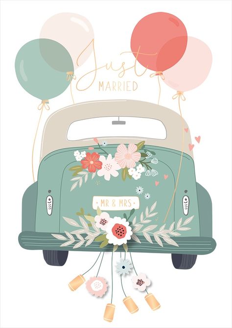 Just Married Auto, Car Themed Wedding, Wedding Couple Cartoon, Chalkboard Wall Art, Polaroid Wedding, Wedding Artwork, Just Married Car, Wedding Graphics, Wedding Newspaper