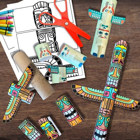 Create a totem pole similar to Native Americans/First People of North America. Includes two versions, a color illustration and a outline to color. Glue each piece around a paper tube to create individual sections that can be reorganized to create different designs. Includes step-by-step instructions how to complete. A great hands-on activity to learn about Native American culture. Includes four pages of resources, color version of totem also included in the NATIVE AMERICA Unit Study. *Please not Native American Art Projects, Indian Totem, Totem Pole Art, Native American Projects, Native Americans Unit, Native American Studies, Native American Heritage Month, Pole Art, Kids Art Class