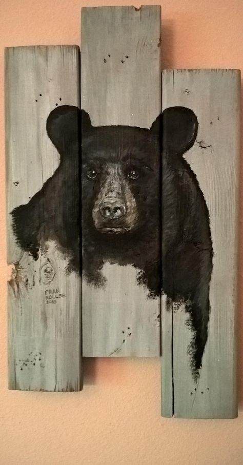 Black Bear Acrylic Painting, Bear Painting, Animal Canvas Paintings, Barn Wood Art, Black Bears Art, Bear Wall Art, Bear Paintings, Wood Painting Art, Wood Pallet Art