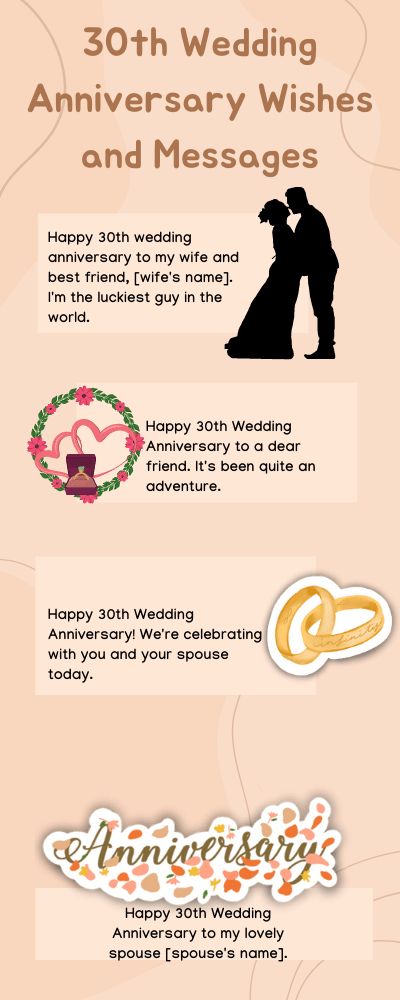 30th Anniversary Wishes and Messages– Pearl Wedding Anniversary In This Article, We Share Ideas On: 30th Wedding Anniversary Wishes For Sister; 30th Wedding Anniversary Message To My Wife; 30th Wedding Anniversary Message To My Husband; Happy 30th Anniversary Wishes For Parents; Happy 30th Anniversary Wishes For Friends; Funny 30th Wedding Anniversary Quotes; And Many More. Happy 30th Anniversary Wishes, 30th Wedding Anniversary Wishes, 30th Wedding Anniversary Quotes, Wedding Anniversary Wishes For Sister, Message To My Husband, Anniversary Wishes For Parents, Anniversary Wishes For Sister, Anniversary Wishes For Friends, Pearl Wedding Anniversary