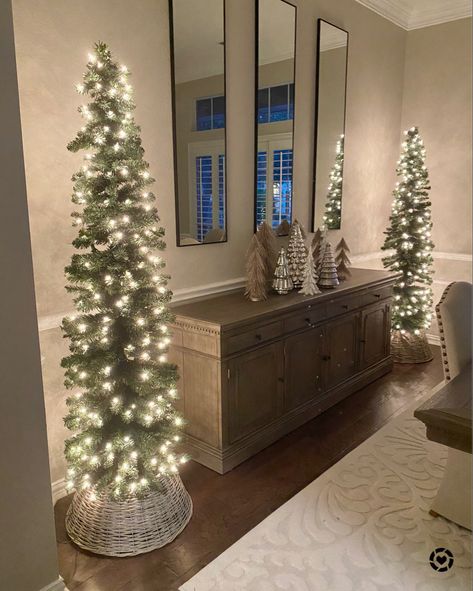 Christmas Trees In Dining Rooms, Slim Tree Skirt, 2 Christmas Trees In One Room, Dinning Room Christmas Tree Ideas, Dining Room Christmas Tree Ideas, Dining Room Tree Christmas, Simple Dining Room Christmas Decor, Entryway Christmas Tree, Christmas Tree In Dining Room