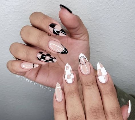 Checkered Nails Almond Shape, French Checkered Nails, White French Tip With Design Almond, Edgy Almond Nails Designs, Edgy Neutral Nails, Lilac Checkered Nails, Black And White Funky Nails, Nail Inspo With Black, White And Black Checkered Nails