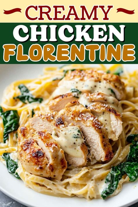 Indulge in luxury with this recipe for creamy chicken Florentine. Tender chicken and spinach are simmered in a Parmesan cream sauce and served over pasta. Dinner Recipes With Cream Of Chicken, Creamy Chicken And Spinach Recipes, Chicken Florentine Fettuccine Alfredo, Creamy Chicken Florentine Casserole, Chicken And Spinach Recipes Healthy, Creamy Chicken Breast In Spinach Parmesan Sauce, Spinach Chicken Recipes, Creamy Chicken Florentine Artichoke, Cream Of Chicken Recipes