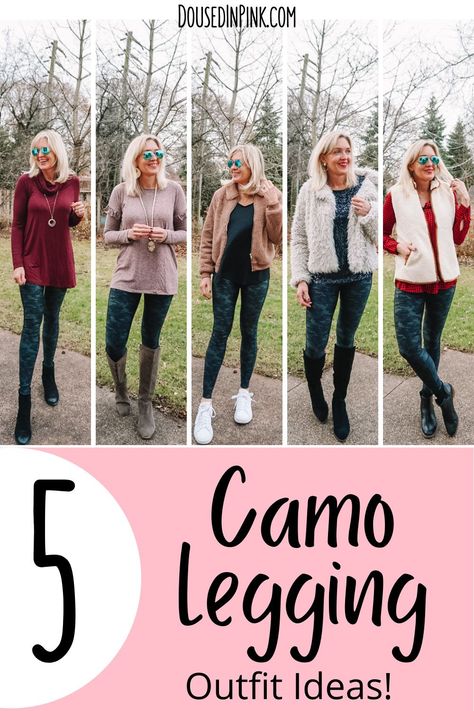 Winter Camo Pants Outfit, How To Wear Camo Leggings, Camo Leggings Outfit Casual, Camp Leggings Outfit, Camo Leggings Outfit Winter, What To Wear With Camo Leggings, How To Style Camo Leggings, Spring Leggings Outfit, Burgundy Leggings Outfit