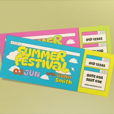 Blue Retro Summer Festival Ticket Summer Festival Graphic Design, Event Ticket Design Creative, Retro Ticket Design, Music Festival Ticket Design, Ticket Illustration Design, Retro Festival Poster, Summer Festival Branding, Summer Festival Design, Ticket Poster Design