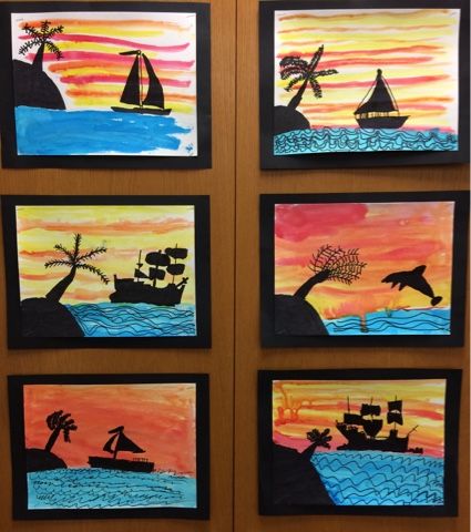 2nd Grade Silhouettes        We're very proud of our silhouettes!      Art vocabulary words related to this lesson:   *horizon line   *silh... Summer School Art, Art Vocabulary, Silhouettes Art, 2nd Grade Art, 4th Grade Art, 3rd Grade Art, Art And Craft Videos, Elementary Art Projects, Homeschool Art