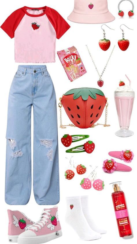 Uwu Aesthetic Outfit, Strawberry Clothing Aesthetic, Fruit Outfit Aesthetic, Kawaii Style Aesthetic, Strawberry Shortcake Characters Outfit Inspiration, Cute Strawberry Clothes, Food Themed Outfits, Watermelon Inspired Outfit, Cute Strawberry Outfit