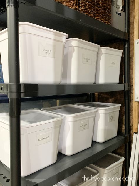 How I Organize and Store My Home Decor Items | Thrifty Decor Chick | Thrifty DIY, Decor and Organizing Closet Bin Organization, Basement Storage Shelves, Plastic Shelving Units, Target Storage, Basement Organization, Closet Storage Bins, Decorative Storage Bins, Utility Closet, Large Storage Bins