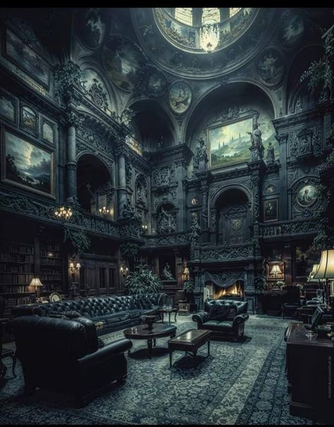 Victorian Gothic Library, Dark Manor Aesthetic, Vampire Castle Aesthetic, Gothic Manor Interior, Dark Castle Interior, Castle Aesthetic Interior, Gothic Fireplace, Gothic Manor, Minecraft Halloween