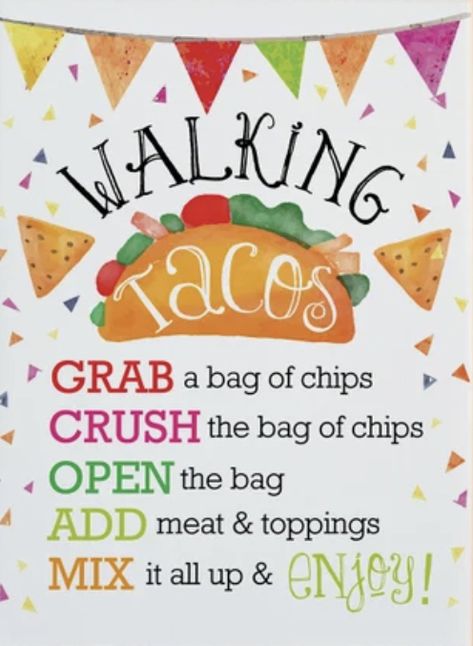 Walking Taco Sign, Walking Taco Bar Party Set Up, Birthday Taco Bar, Mexican Thanksgiving, Taco Bar Sign, Walking Taco Bar, Homemade Grape Jelly, Tuesday Funny, Ward Activities