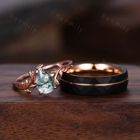 Here we have a Vintage Moss Agate Couples Ring Rose Gold Matching Ring Set His and Hers Wedding Band Promise Ring For Men For Women Natural Green Agate ITEM DESCRIPTION ✦ Handmade, high-quality item! ✦ Material: Sterling Silver/Tungsten ►Sold as a two-piece set ►His ring is Rose Gold Tungsten Carbide. ►His band width: 6mm ►His tungsten ring will not turn green itself and will not cause your skin to turn green.  ✦ Durable - Incredibly Scratch-Resistant to always look great. ✦ Comfort-fit & Weight Green Matching Wedding Rings, Mens Engagement Rings Moss Agate, Mens Moss Agate Wedding Band, Moss Agate Couple Rings, Men’s Wedding Rings Moss Agate, Promise Ring For Men, Matching Ring Set, Agate Wedding, Couples Ring