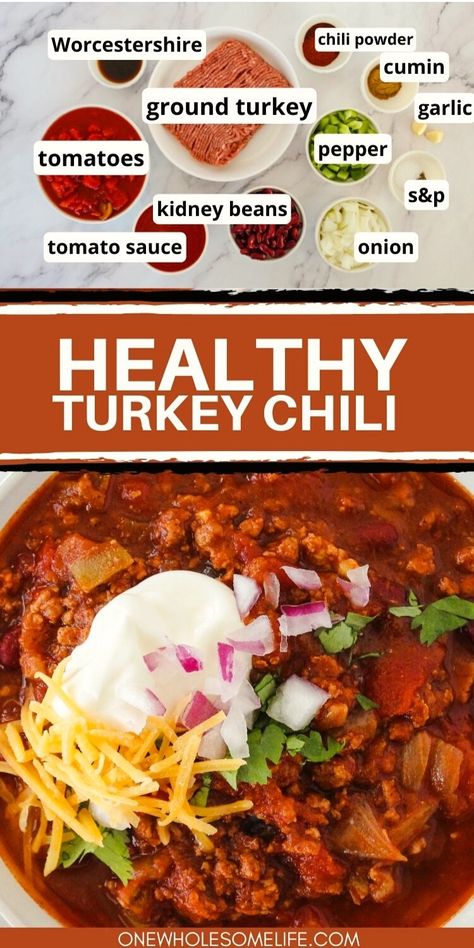 Turkey chili  in a bowl with collage of ingredients. Healthy Turkey Chili Crockpot, Healthy Dinner High Protein, Low Carb Ground Turkey Recipes, Chilli Recipe Crockpot, Dinner High Protein, Crockpot Turkey Chili, Turkey Chili Recipe Crockpot, Turkey Chili Recipe Easy, Healthy Turkey Chili