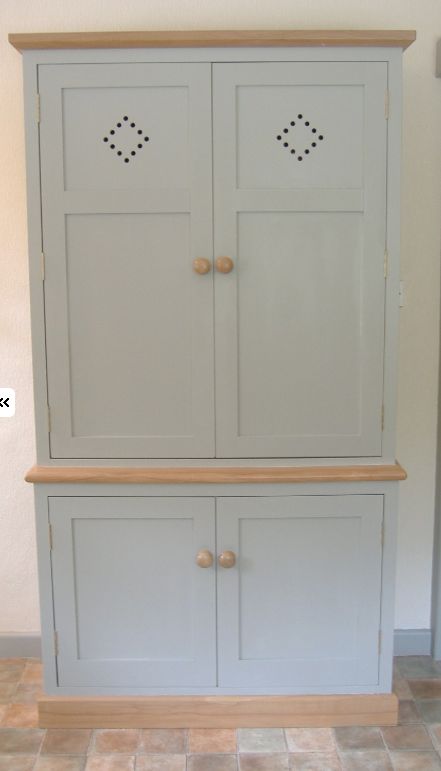 Cabinet Ventilation Hole Design, Cabinet Vent Holes, Boiler Cover Ideas, Alcove Kitchen, Fridge Surround, Boiler Cupboard, Laundry Cupboard, Vintage Pantry, Airing Cupboard