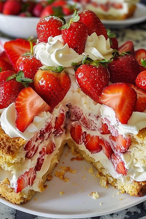 Classic Strawberry Shortcake Delight Strawberry Shortcake Bowl, Birthday Cake Ideas Recipes, Strawberry Shortcake Tea Party, Moist Strawberry Shortcake, Strawberry Casserole, Mixed Berry Shortcake, Strawberry Shortcake Layer Cake, Strawberry Shortcake Cheesecake Recipe, Cute Strawberry Cake