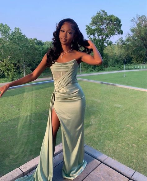 Olive Green Prom Dress Long, Prom Dress Light Green, Sage Green Prom Dress Long, Sage Green Prom, Sage Green Prom Dress, 8th Grade Prom Dresses, Green Prom Dress Long, Pretty Homecoming Dresses, Prom Dress Inspo