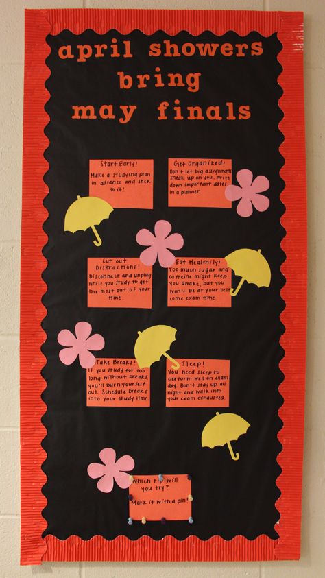 Wellness Center Bulletin Board, April Themed Bulletin Boards, April Bulletin Board Ideas College, April Ra Bulletin Boards, Resident Advisor Bulletin Boards, Study Tips Bulletin Board, Interactive Bulletin Boards College, Ra Bulletin Board Ideas, Camping Bulletin Boards