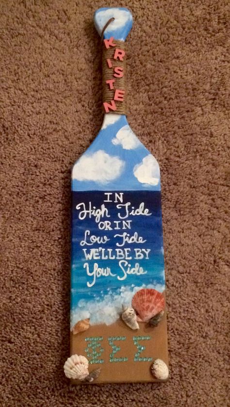 In high tide or low tide beach and ocean theme Sorority Paddle. #phisigmasigma Paddle Sorority Big, Paddle Sorority, Paddle Designs, Tattoos Architecture, Big Little Paddles, Paddle Ideas, Sigma Lambda Gamma, Animals Tattoos, Greek Paddles