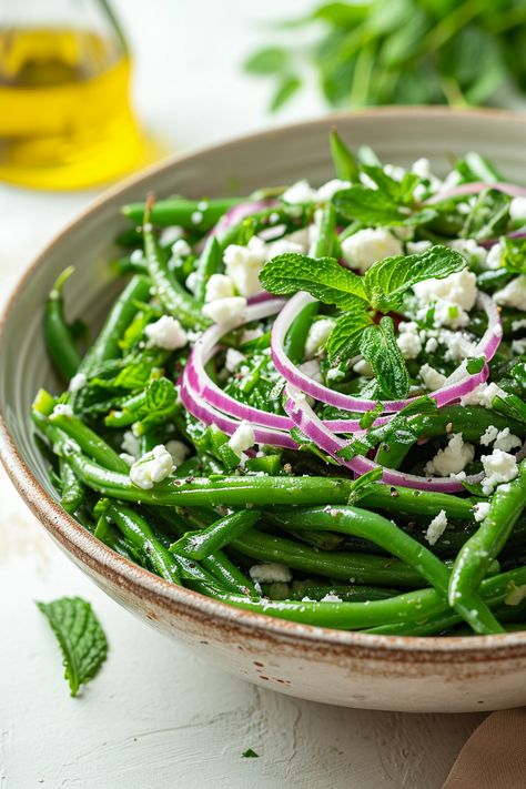 Experience the Taste of France: Authentic Corsican Green Bean and Mint Salad Recipe #mediterraneandiet Green Bean Mint Salad, Mediterranean Green Salad, Green Beans Salad Recipes, Authentic Mediterranean Recipes, Mint Salad Recipes, Summer Wellness, Green Bean Salad Recipes, Green Bean Salad, Green Salad Recipes