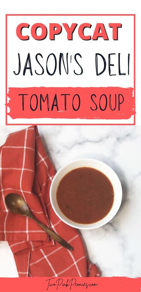 Copycat Jason's Deli Tomato Soup | This copycat Jason's Deli tomato soup is so easy to make at home. Why go out when you can make your favorite recipes at home? Jasons Deli Tomato Basil Soup Recipe, Jasons Deli Broccoli Cheese Soup, Jasons Deli Recipes, Jasons Deli, Creamy Tomato Soup Recipe, Tomato Bisque Soup, Tomato Basil Soup Recipe, Tomato Soup Recipe, Tomato Bisque