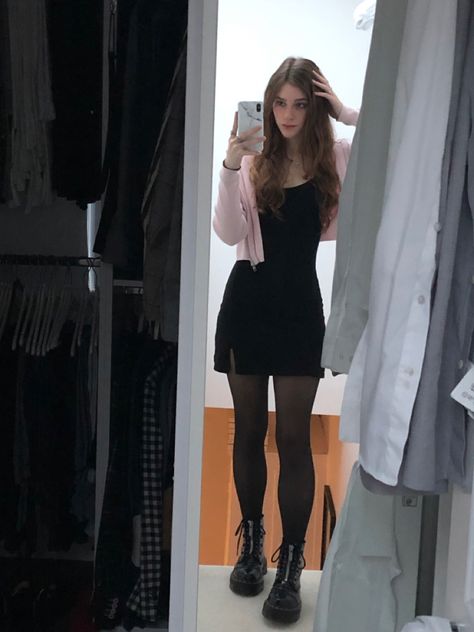 Black Dress With Pink Cardigan, Black Dress Pink Cardigan, Docs Dress Outfit, Black Dress With Docs, Black Skater Dress Outfit, Preppy Grunge Outfits, Mini Dress With Cardigan, Witch Fits, Black Dress With Cardigan