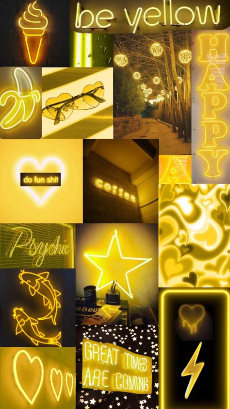 Neon yellow #collage #wallpaper Ios Wallpaper Aesthetic Black, Yellow Neon Wallpaper, Aesthetic Collage Yellow, Yellow Collage Wallpaper, Ios Wallpaper Aesthetic, Aesthetic Yellow Wallpaper, Iphone Ios Aesthetic, Yellow Vibe, Yellow Collage