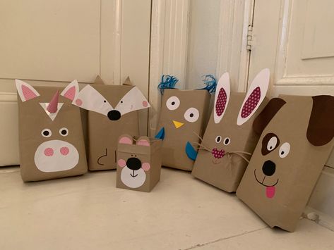 Fox, bear, unicorn, owl, rabbit, dog brown paper gift wrapping Rabbit Gift Wrapping, Dog Gift Wrapping Ideas, Brown Paper Gift Wrapping, Brown Paper Gift Wrap, Teddy Bear Picnic Birthday Party, Kids Valentine Boxes, Paper Gift Wrapping, Paper Box Diy, Dog Brown