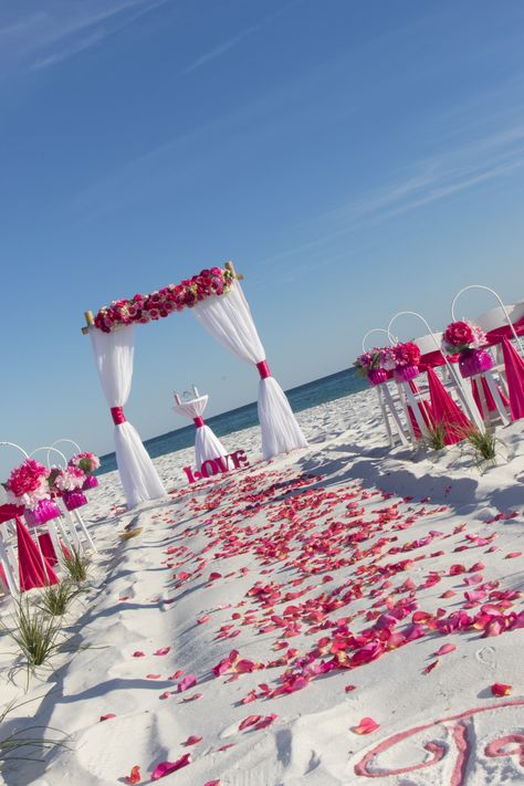 Beach Wedding Aisles, Beach Wedding Locations, Wedding Setup, Beach Wedding Centerpieces, Beach Theme Wedding Invitations, Hot Pink Weddings, Destin Florida Wedding, Beach Wedding Flowers, Florida Beach Wedding