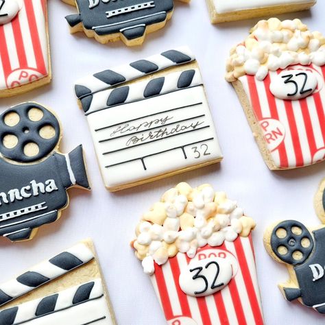 Birthday cookies for a movies fan #movies #customcookiesireland #decoratedbiscuits #moviecookies #birthdaybiscuits #birthdaycookiesdublin #cookiesireland #cookiesdublin #dublinfood #popcorn #camera #handicedcookies Dublin Food, Birthday Biscuits, Cookie Cake Designs, Movie Director, Drive In Movie, Movie Themes, Movie Party, Summer Birthday, Cake Designs Birthday