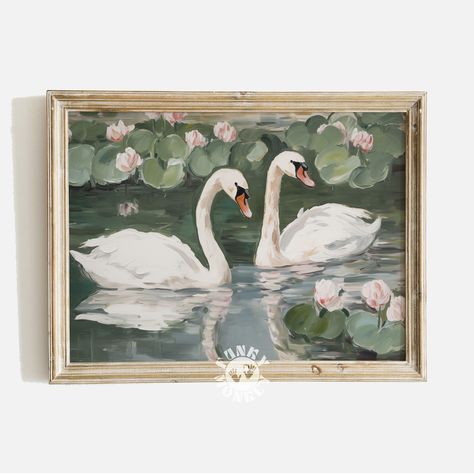 Pink And Green Decor, Girly Office, Office Painting, Chic Office Decor, Swan Painting, Swan Decor, Swan Print, Maximalist Wall Art, Retro Kunst