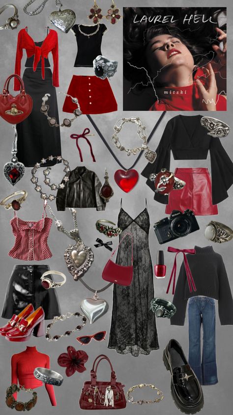 Mitski Outfit inspired by laurel hell #mitski #mitskishuffle #song #music #album #red #black #outfit Mitski Inspired Outfits, Mitski Aesthetic Outfits, Mitski Concert Outfit Ideas, Laurel Hell Mitski, Mitski Outfits, Mitski Concert Outfit, Y2k Skirt Outfit, Guys And Dolls Musical, Mitski Concert