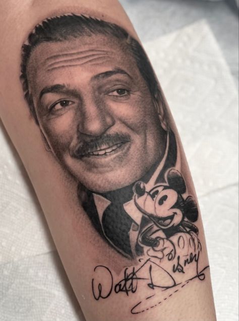 Walt Disney Portrait Tattoo, Walt Disney Tattoo, Disney Portrait, Mickey Mouse Tattoo, Disney Sleeve, Disney Tattoo, Disney Life, Ink Ideas, Disney Tattoos