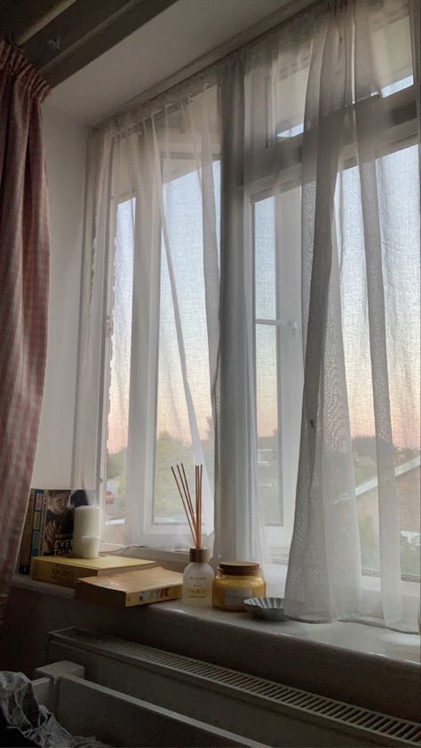 Curtains For Deep Window Sill, Window Sill Length Curtains, Long Curtains Small Window, Window Sill Curtains, Half Curtains Bedroom, Curtains Short Windows, Small Window Room Decor, Deep Window Sill Curtains, Short Curtains Bedroom Ideas