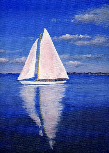 Blue water white sail boat Peisaj Abstract, Sailboat Painting, Boat Painting, Water Reflections, Hur Man Målar, Painting Class, Beach Scenes, Beach Art, Easy Paintings