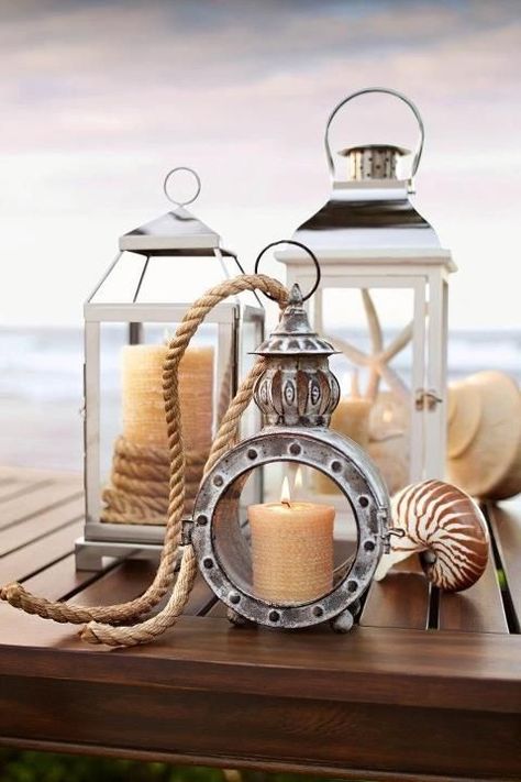 Lanterns are an easy, affordable way to dress up your space for the holidays — both inside and out. Deco Marine, Dream Beach Houses, Seaside Decor, Cottage By The Sea, Decor Shabby Chic, Beachy Decor, Nautical Home, Style Deco, Beach Living