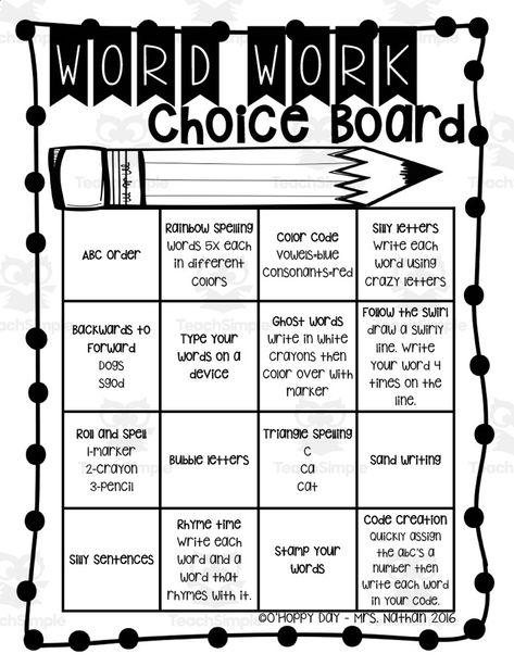 When you are looking for fun new ways to have students practice spelling words, this Word Work Choice Board is the way to go.All you have to do is print one for each student or project it onto the smartboard.There are 16 options to choose from.Students will pick an option and can cross it off if they have their own individual choice board. Grade 2 Word Work, Literacy Choice Boards 1st Grade, Morning Work Choice Board, Word Work Choice Board 2nd Grade, Spelling Choice Board 3rd Grade, Choice Boards Middle School, Fun Ways To Practice Spelling Words, Choice Boards 2nd Grade, Spelling Choice Board