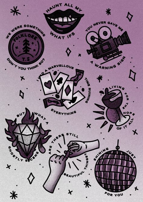 Music Flash Tattoos, Traditional Flash Art, Taylor Swift Tattoo Ideas, Halloween Tattoo Flash, Flash Sheets, Taylor Swift Tattoo, Taylor Swift Folklore, Clown Tattoo, Traditional Flash