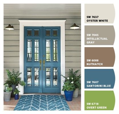 Paint colors from ColorSnap by Sherwin-Williams Sherwin Williams Santorini Blue, Sherwin Williams Door Colors, Santorini Blue Sherwin Williams, House Paint Colors Exterior Ideas, Pintu Interior, Exterior Paint Schemes, Blue Doors, Blue Front Door, House Paint Color Combination