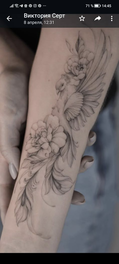 Phoenix Tattoo Flowers, Phoenix And Flower Tattoo Feminine, Sweatpea Tattoos, Delicate Forearm Tattoos For Women, Phoenix With Flowers Tattoo, Phoenix And Lotus Tattoo, Phoenix Flower Tattoo, Phoenix And Flower Tattoo, Phoenix Tattoo Women