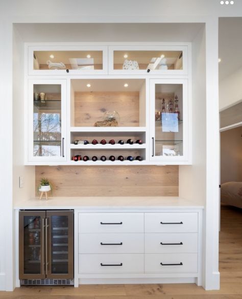 Wet Bar Organization, Modern Farmhouse Wine Bar, Cabinets.com Kitchens, Bar Built Into Kitchen, Storage Rack For Pantry, Living Room Beverage Center, Glass Door Coffee Station, Wet Bar In Pantry, Custom Wet Bar