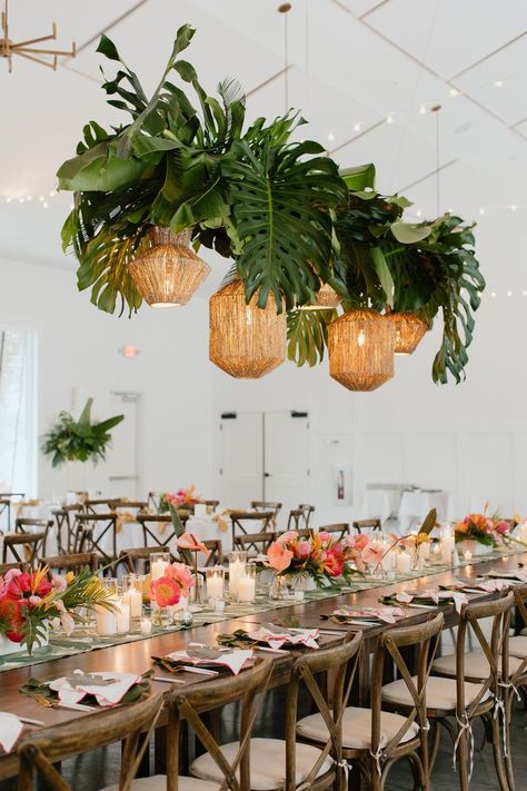 Tropical Greenery Wedding, Tropical Reception, Rattan Pendant Lighting, Sayulita Wedding, Tropical Wedding Reception, Tropical Centerpieces, Jungle Wedding, Tropical Wedding Theme, Tropical Glam