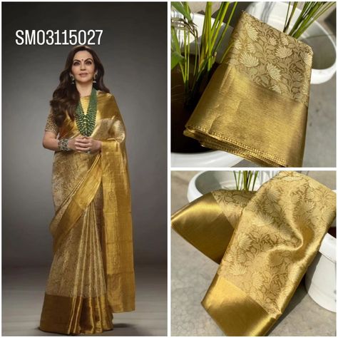 👆exclusive collection ☝ Super super new arrival Latest bnarasi soft tissu saree Fancy Bnarasi zari border Full body best quality tissue fabric weaving Super Trending border lace work Soft n shinning pure look jaquerd pallu and blouses Singl n multiple avlibl Only for price: 1450/- free shipping ✈️ 👆👆book fast 👆👆 Nita Ambani, Bride’s Mother, Golden Saree, Banarasi Brocade, Wedding Saree Indian, Wedding Saree, Soft Silk Sarees, Saree Wedding, Floral Designs