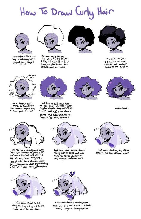 Drawing Different Races, Black Hair Styles Drawing Reference, Curly Hair In A Ponytail Drawing, Curly Hair Short Drawing, Black Hairstyles To Draw, How To Draw Black Curly Hair, Unique Hair Styles Drawing, How To Draw Poc Hairstyles, Big Curly Hair Drawing